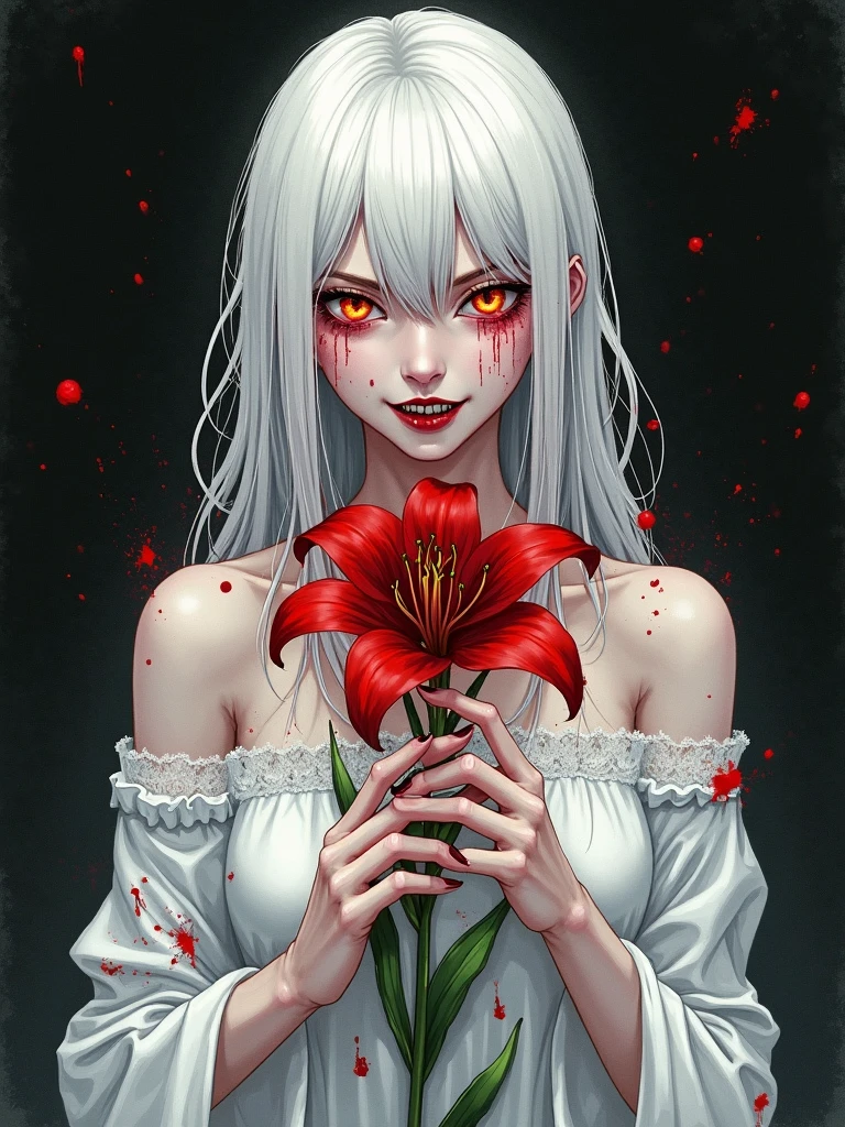 (reminiscent, captivating, and dreamy atmosphere),(malicious gaze with red eyes, porcelain skin, a mischievous smile), their decomposing face with exposed teeth, Crying blood, Red Flowers