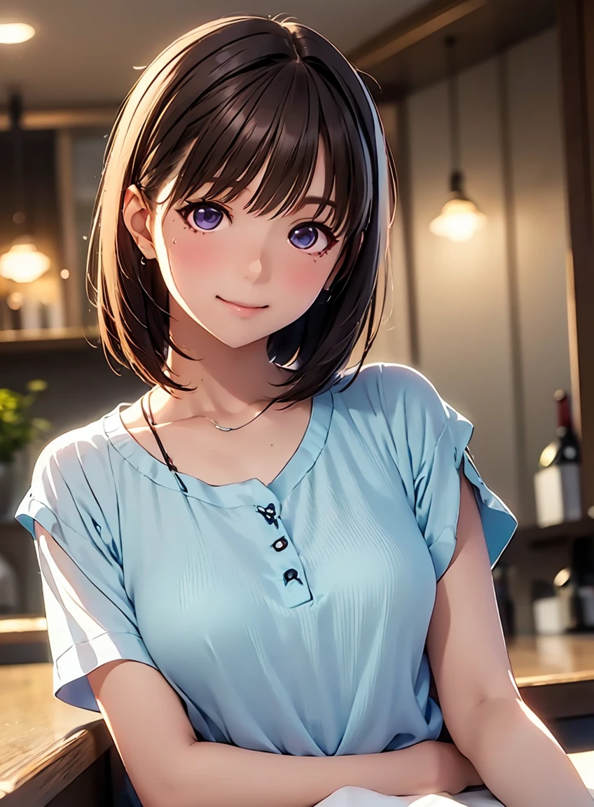 Realistic、highest quality、highest quality、masterpiece、Ultra-high resolution、RAW Photos、Realistic、Bright lighting、Face Light、Smooth Professional Lighting、Looking into the camera、alone、Adult female、Beautiful woman、Super Beauty、Realistic肌、Moisturized Skin、Realistic eyes and faces、Perfect model body shape、Beautiful Eyes、Big eyes、Inconspicuous tear bags、slim、Big Breasts、No bra、No makeup、Beautiful fingers、Very short hair、Dark black hair、black eye、seems to be happy、(Both ears are hidden by hair)、(((waitress)))、おしゃれなカフェclerk、clerk