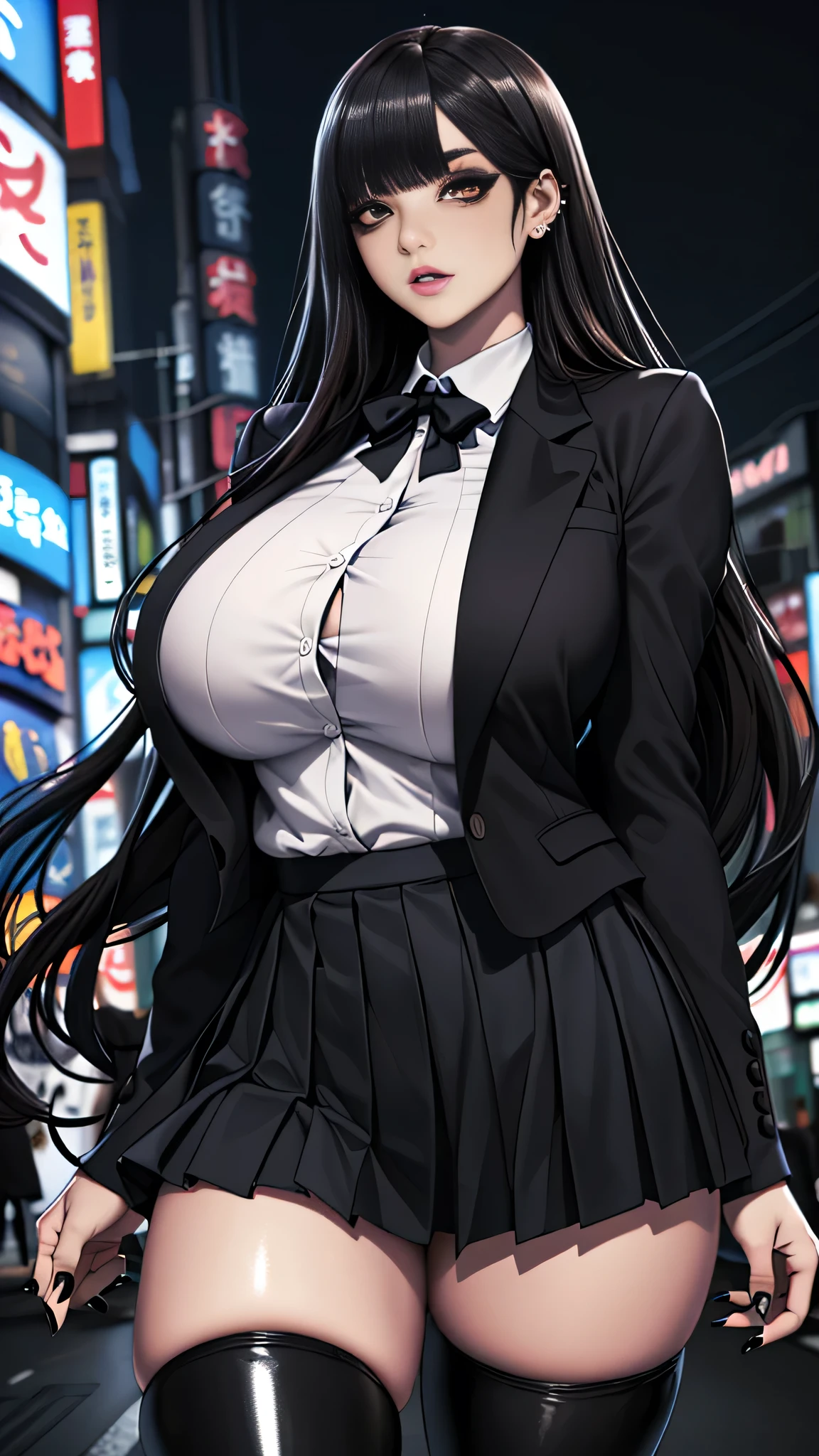 super fine illustration,masterpiece,ultra high resolution , best quality, accurate human body,Perfect proportions,all Super Details,Anatomically correct,(((From the thigh up,shiny skin,sharp face,clear eyes,pale_skin))),(Natural Skin Texture ,Beautiful skin),intricate details,Extraordinary Beauty, 1 woman,adult woman,25 years old,break,(((Sacrifice))),(beautiful detailed brown_eyes:1.5),((extremely cute and beautiful face,:1.2)),(((gigantic breasts,hourglass_figure,voluptuous_body,big eyes,Almon d-shaped eyes,Eyelash extensions, long lower eyelashes,very_ long_hair,straight_hair))),(black_hair,blunt_Bangs dark atmosphere,piercings:1.6),(innerwear,blazer,outerwear,white collared shirt,pleated skirt,makeup,black eyeliner,black eyeshadow,Black nails:1.3),(outdoors, Tokyo , Kabukicho ,night,crowds:1.5)
