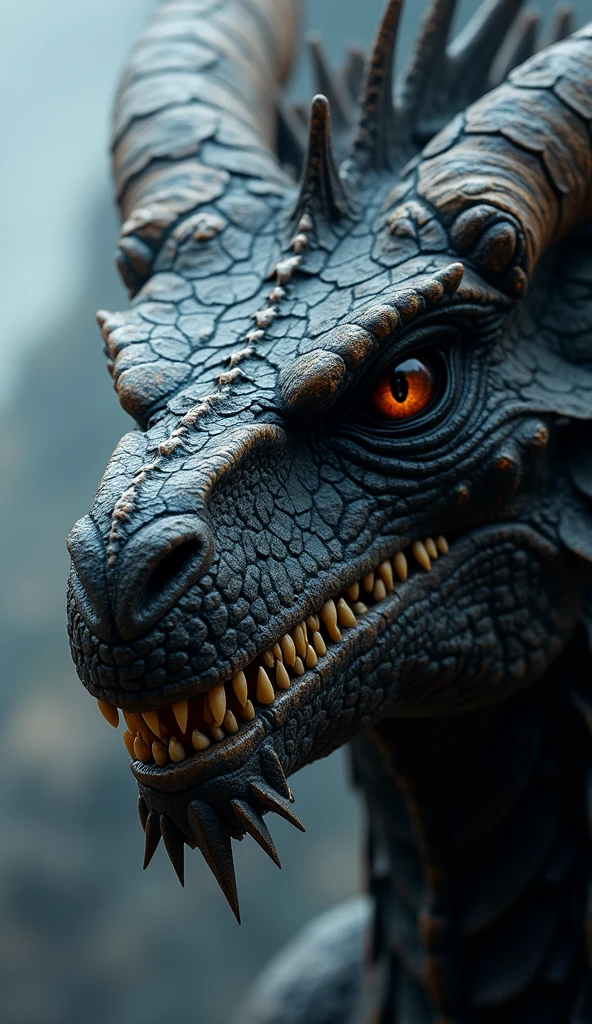 A close-up portrait of a grotesque chimera with sharp and intricate features. The creature's eyes are wide open, revealing its disgusting appearance. Its mouth is slightly open, revealing razor-sharp teeth. The creature's skin is covered in scales that appear to be made of metal. In the background, we can see a bustling cityscape of Tbilisi, Georgia. The image is ultra-realistic and has an awe-inspiring depth of field of 270mm. This artwork by Krenz Cushart is currently trending on ArtStation.