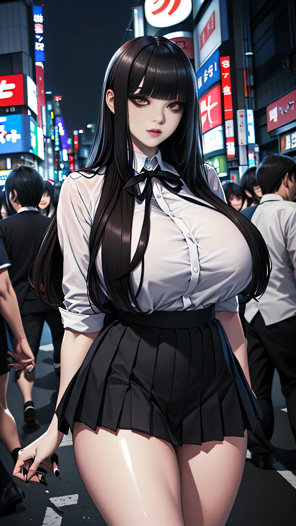 super fine illustration,masterpiece,ultra high resolution , best quality, accurate human body,Perfect proportions,all Super Details,Anatomically correct,(((From the thigh up,shiny skin,sharp face,clear eyes,pale_skin))),(Natural Skin Texture ,Beautiful skin),intricate details,Extraordinary Beauty, 1 woman,adult woman,25 years old,break,(((Sacrifice))),(beautiful detailed brown_eyes:1.5),((extremely cute and beautiful face,:1.2)),(((gigantic breasts,hourglass_figure,voluptuous_body,big eyes,Almon d-shaped eyes,Eyelash extensions, long lower eyelashes,very_ long_hair,straight_hair))),(black_hair,blunt_Bangs dark atmosphere:1.6),(white collared shirt,pleated skirt,makeup,black eyeliner,black eyeshadow,Black nails:1.3),(outdoors, Tokyo , Kabukicho ,night,crowds:1.5)