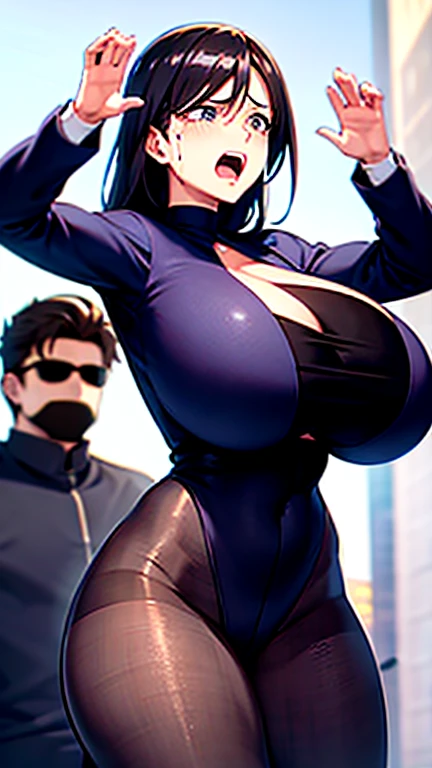 a big muscle man (rough, leather clad action hero) is being approached by a (shy, mousy, cutely dressed woman with big glasses (plunging neckline) asking for an autograph, convention