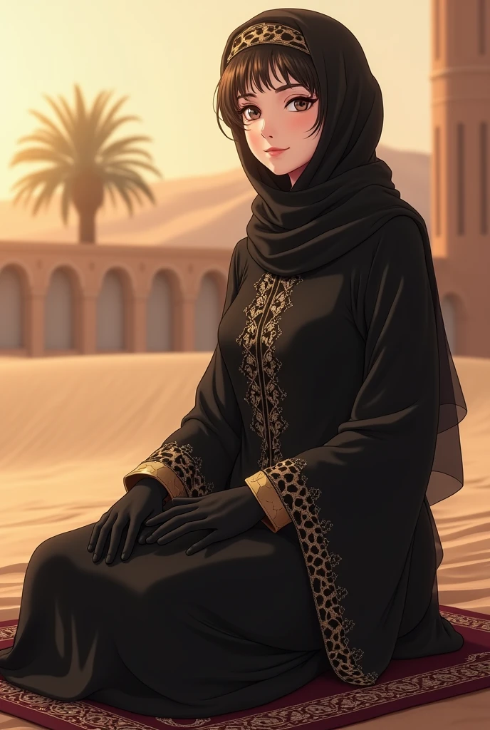 absurderes,(​masterpiece、top-quality、8K ),intricate detailes,ultra-detailliert、1 Beautiful Arab Woman、(Bedouin national costume,hijab:1.4),veils、A slight smil、darkskinned、black curly hair、In the desert、Hyper realistic,Perfect Anatomy