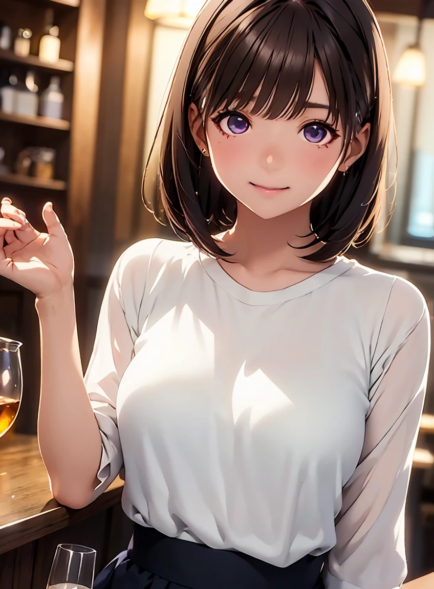 (masterpiece:1.5),(Beat quality),(high res),1girl solo,beautiful face,smile,upper body,summer clothes women,Night Bar,Beer