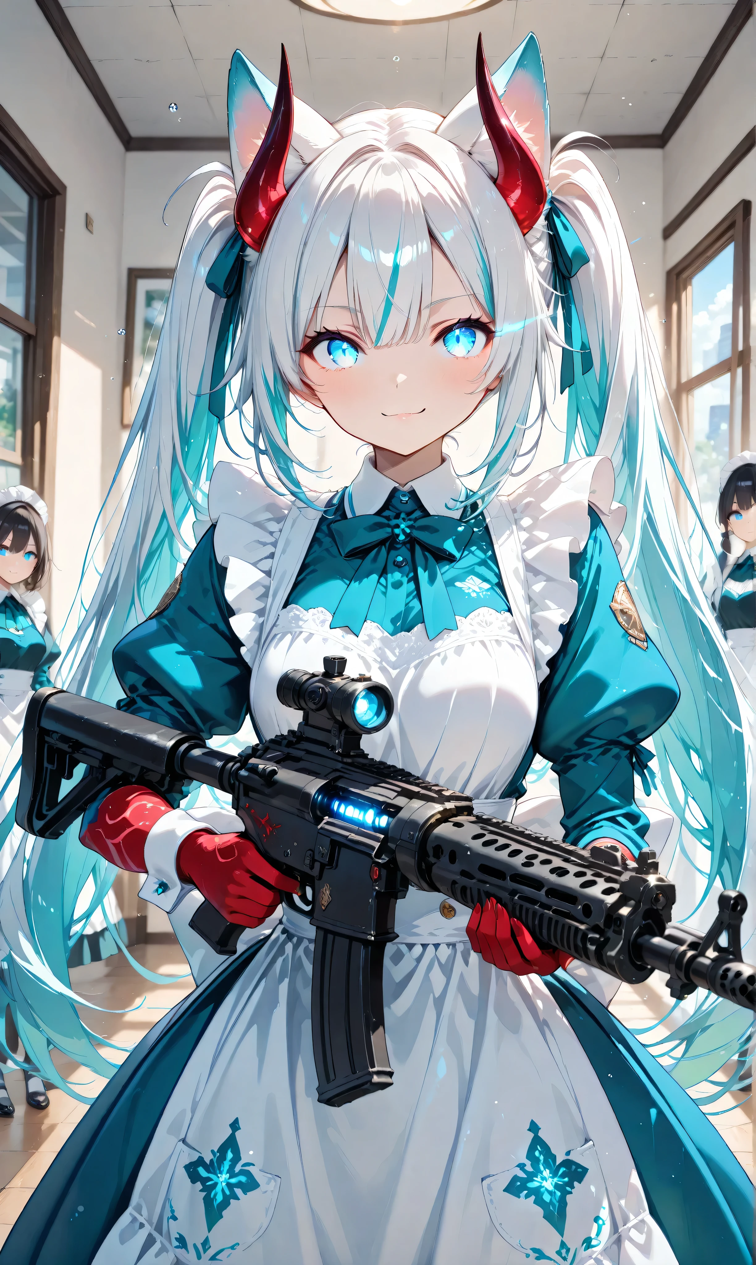 masterpiece, best quality, very aesthetic, engraved, (watercolor: 0.4), (pastel: 0.6), upper body shot of two girls with softly rounded chests standing side by side under eaves as colossal raindrops pound the ground, blurry modern café with glass walls background; ((large bullets surrounding them:1.3)), left: short Shiro-Oni with white skin, jet-black twin tails tied with ribbons, faint white highlights, fox ears, cybernetic blue-glowing eye, teal maid dress with silver lace trim, blue eyes and gentle smile, wielding a machine gun lightly, next to a tall Aka-Oni, red skin, smooth black horns, matching twin tails and maid dress, cybernetic blue-glowing eye, blue eyes and warm smile, wielding a machine gun, opponent’s bullets frozen mid-flight, pistols faintly visible, no enemy face, cinematic time-paused grace.