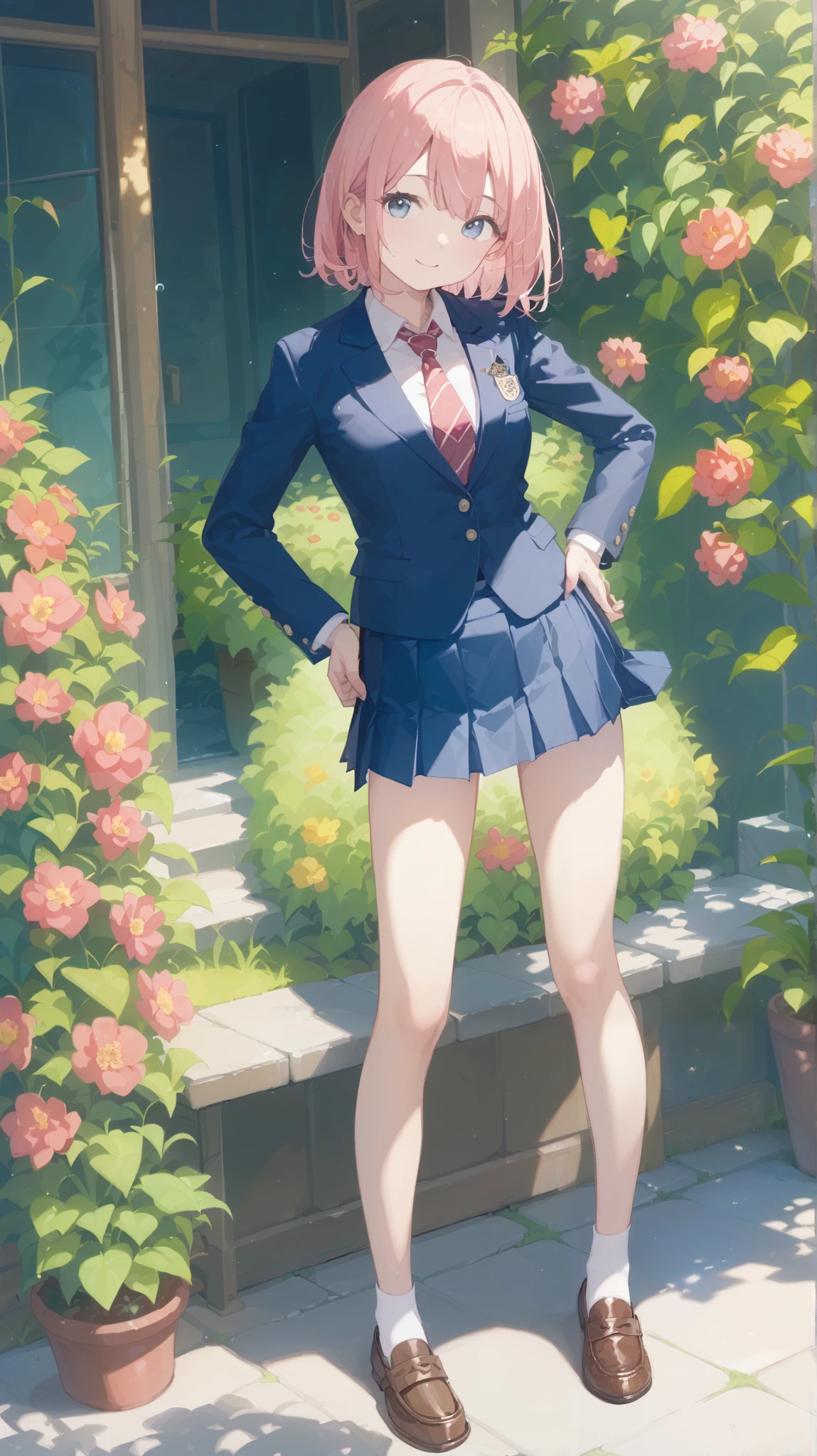 (8k、RAW Photos、Best Quality、masterpiece:1.2)、(Realistic、Realistic)、1 person、((blazer、Schoolgirl uniform、shirt、tie、チェックmini skirt、Medium Hair、mini skirt、Thin legs、loafers、View from the front、Looking into the camera、garden、Stand with hands on hips))、cute