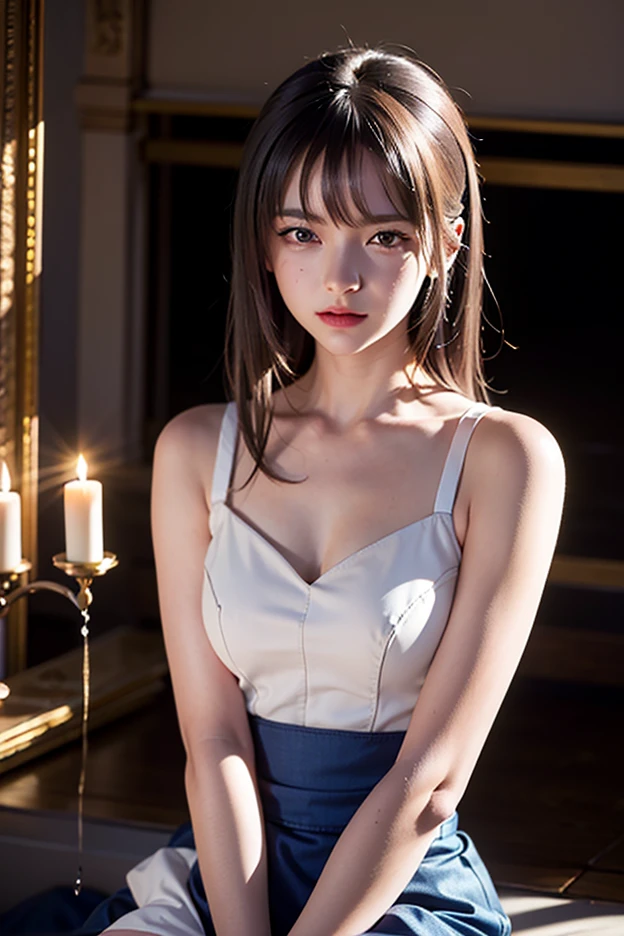 (Sweat:0.7),Light Yellow Wedding Dresses,White short skirt,Woman,Japanese,Exquisiteface, Beautiful face,Bare shoulders,Shoulders slightly exposed,Translucent skin,Black eyes,Black hair,(Photorealistic:1.4),Realistic details, High resolution,Bokeh,excellent details