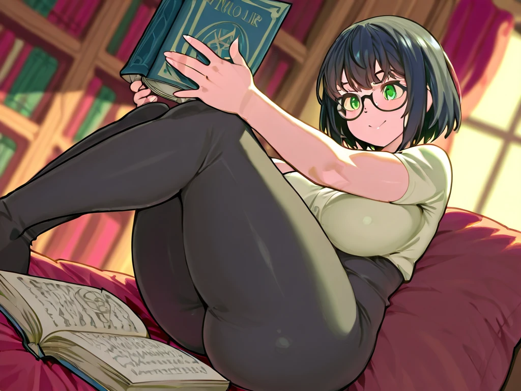 (Una chica anime de 27 años con camiseta morado azulado sin mangas informal de cuello alto parada frente a una estantería de libros:1.3), solo, personaje de anime femenino, visual anime de una mujer joven, Bob Haircut, red painted lips, thick lips, black hair, wearing glasses, big breast, green eyes, smiling, arms behind head, spreading their legs wide open, Anime Screencap, cowboy full shot, (masterpiece:1.1), (best quality:1.1), (super detailed:1.1)