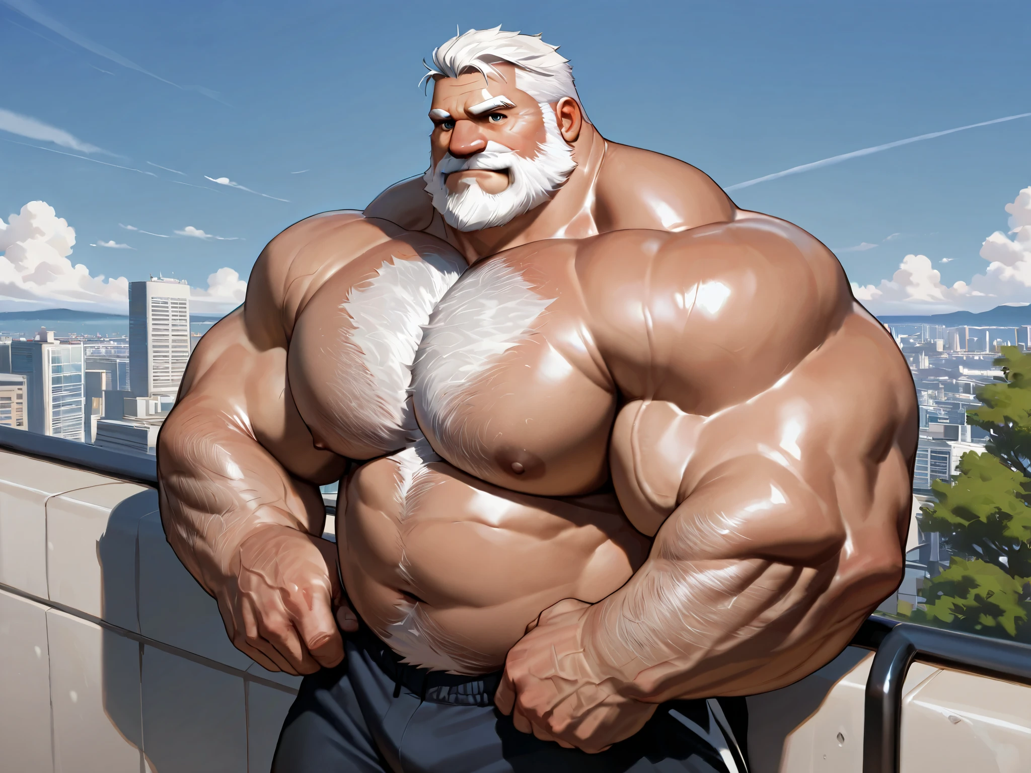 (masterpiece, best quality), 1 old man, handsome beautiful face, muscle male, beautiful body, wearing ayanami plugsuit, bodysuit, interface headset, white bodysuit, nice bulge, nicebulge,