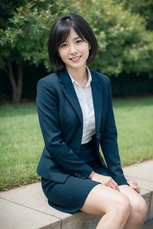 Japanese,Mature Woman, (alone), 40 years old, (double),whole body,Black short hair, Glamour, Pure white skin, Photographed from the front,Observe the audience、(Office Lady)、(Black suit),(Black Pantyhose),Black high heels、garden、Squat,