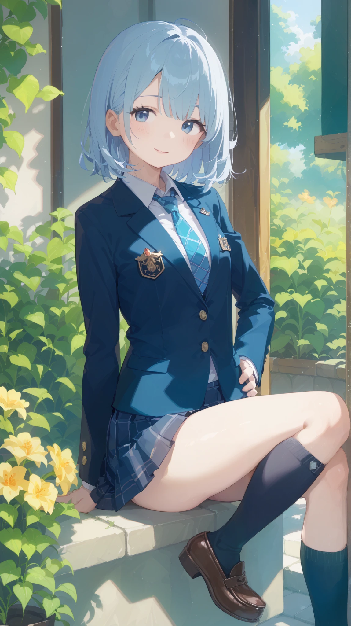 (8k、RAW Photos、Best Quality、masterpiece:1.2)、(Realistic、Realistic)、1 person、((blazer、Schoolgirl uniform、shirt、tie、チェックmini skirt、Medium Hair、mini skirt、Thin legs、knee socks、loafers、View from the front、Looking into the camera、garden、Stand with hands on hips))、cute