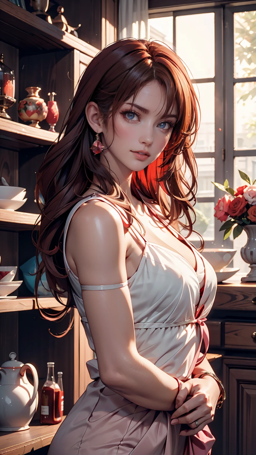 [White skin woman:1.2, Long Curly Hair:1.2, Elegant red dress, Low nose, Light brown eyes], Portraiture, VSCO Filters: C8)