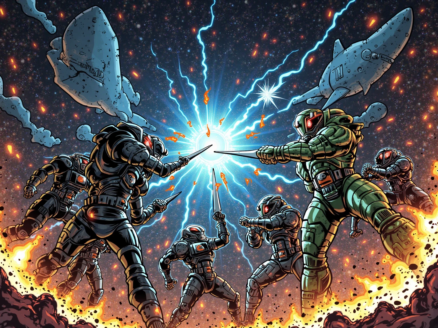 Space Nazis Dark Nebula Empire vs. Shark Martians(DC Hero Art Style)