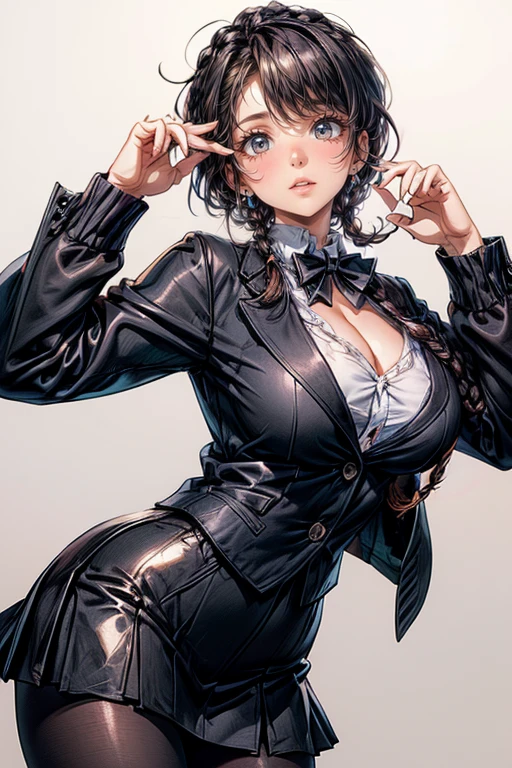 BDSM、Queen、mistress、One girl、solo、(((Long gloves covered to the fingertips in black latex)))、(((Black latex corset dress:1.4)))、(((The corset dress is decorated with beautiful lace.)))、(((corset dress with shoulder straps)))、(((Black latex tight mini skirt:1.4)))、(((Black Thigh Boots)))、Stiletto heels、(((Black latex panties)))、(((Black latex bra)))、(((Black leather collar)))、(((Sexy pose)))、Wide-open legs、(((Erotic)))、(((Cowboy Shot)))、masterpiece, highest quality, 1 Girl, kaoruko, Brown Hair, Brown eyes, Twin tails, hair ornaments, Large Breasts, Red Ascot, Watching the audience, sketch, alone, Simple Background
