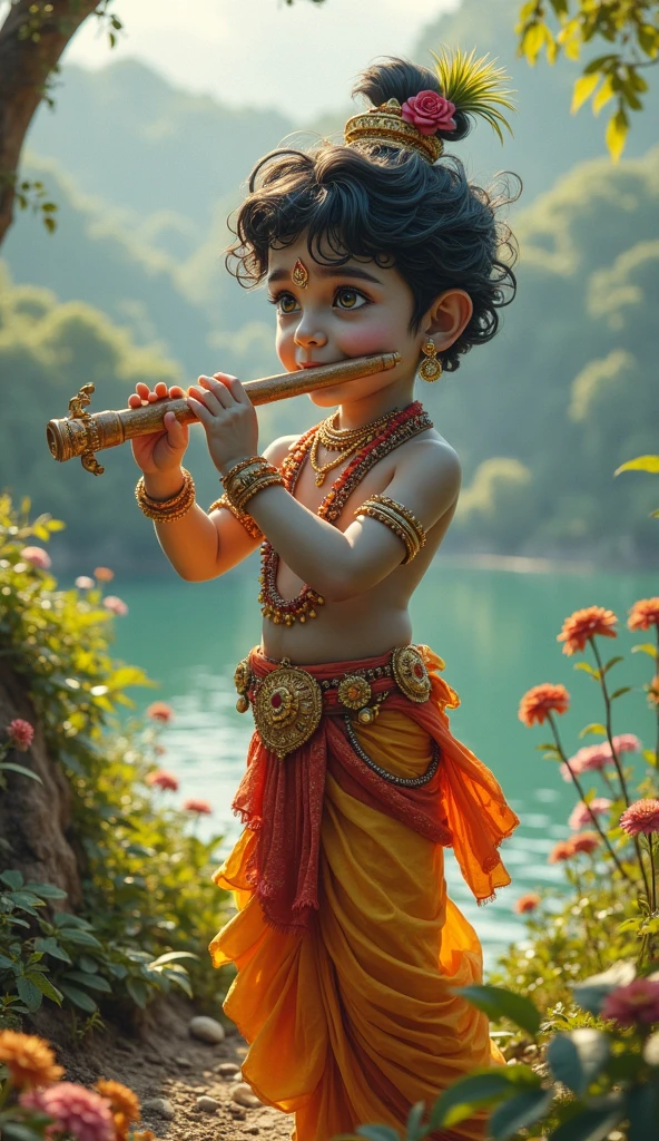 Child Krishna siting in forest playing bansuri and have peacock feather on its head. Caw standing and a pot of makhan is there in side also in background there is colourful flowers and plants