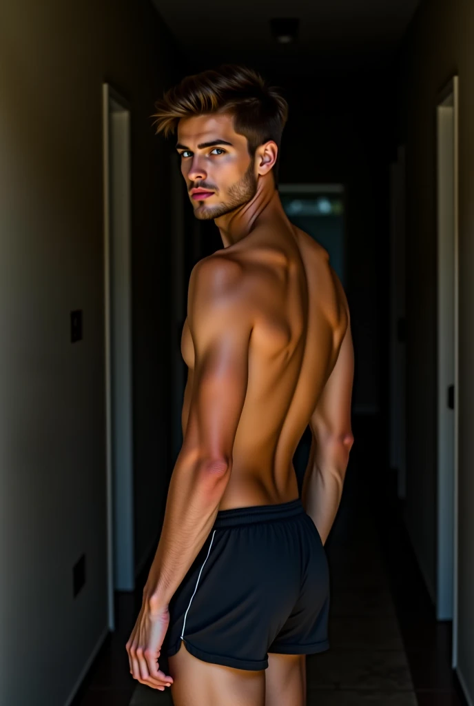 The pitch-black silhouette of a lonely,a handsome two Young man,Very good figure,cute,short haircut,tan skin,Not wearing a shirt ,wearing bikini underware, who could only experience life from what he saw through a single window with only four windows.Everything is dark in his world and environment.while light, love, and happiness can only be seen through one window.Inside there was only darkness and shadows.While the colors are beautiful and bright happy people and countless wonders lie outside