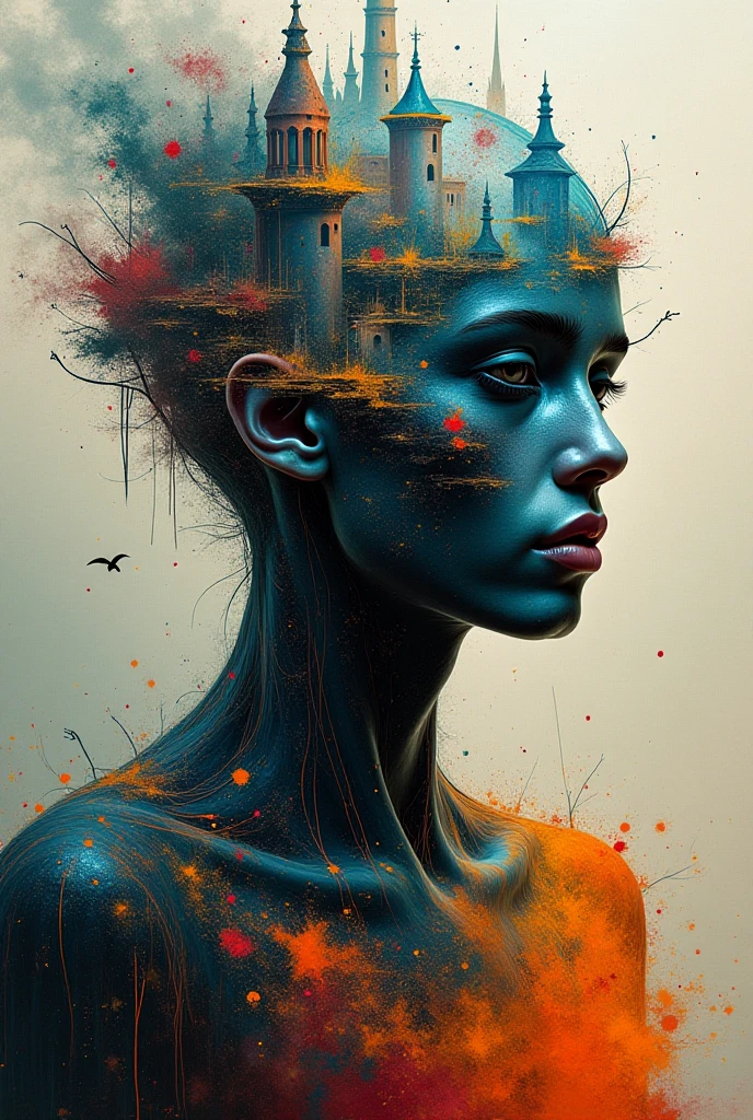 Face fitting full the canvas composed a world like a crazy dream on wastelands beyond fantasy, horror movie scene, dark deep blue and golden yellow, 4D, 8K, photorealistic, dreamlike, big and complex composition storytelling, masterpiece, artwork by Beksinski, artwork by Bernie Wrightson, artwork by Jeremy Mann, Surrealism, Impressionism