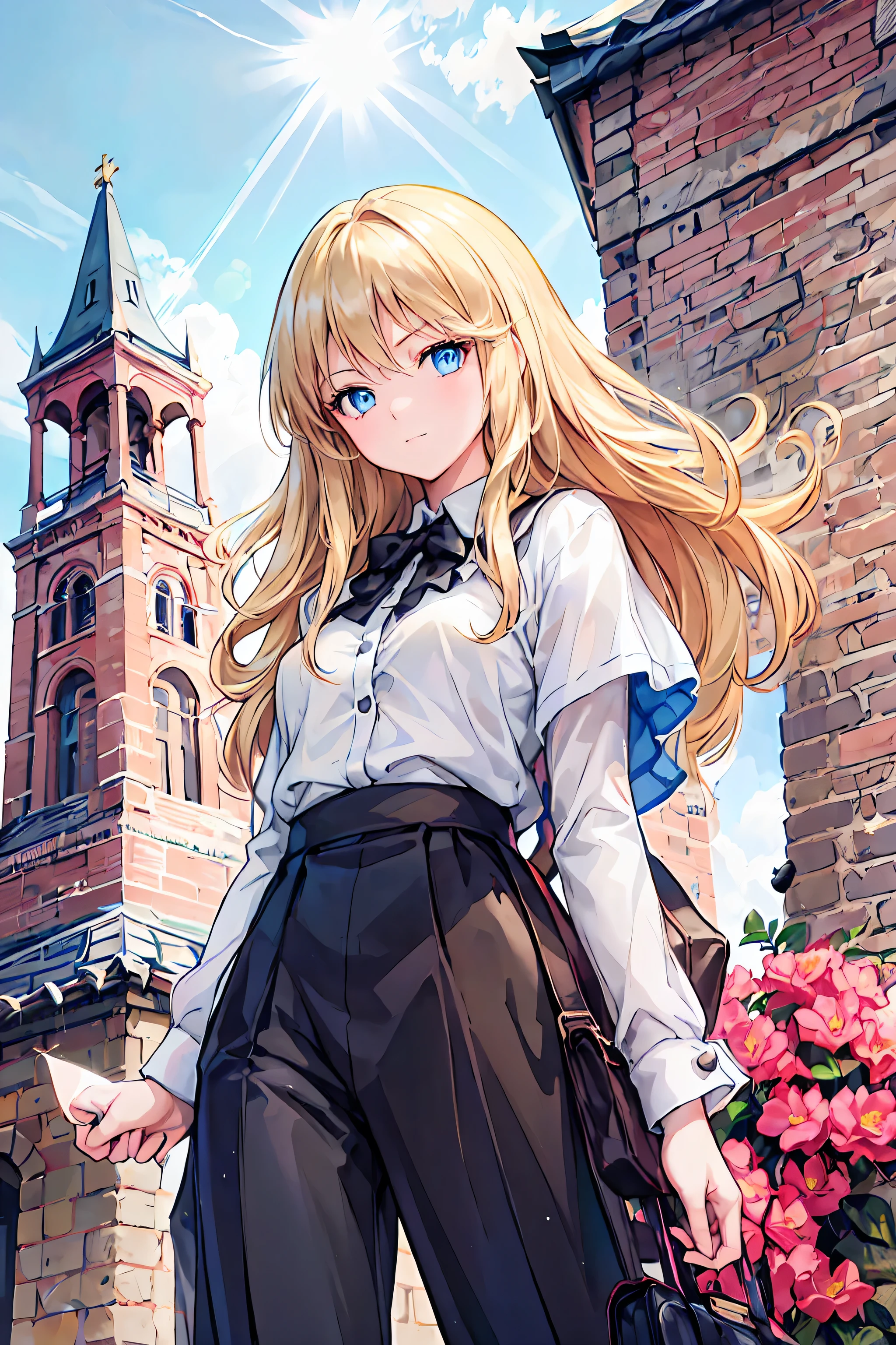 (( masterpiece )), (black clothes), (( top quality)), ( Photos from the past 100 years :1.2), ( high image quality :1.3), ( Take professional photos of each blooming location :1.2), ( color difference), mischievous girls , (()), (Serious), audience , Plain Shirt, Bedhead, curly hair, ( SMALL WAIST PANTS ), ((Take off your work pants)), , ( small breasts), Cute waist, outdoor , ((Top of the big bell tower)),International Travel,Brown suitcase, The sun shines on a bright summer day , Girl looking down from the top of a hill , the wind is blowing ,Tower of Pisa, Tourist Site, ANCIENT CITY ,sunlight ,Highlands,holy place,Multiple Churches, brown hair , shortcuts , tousled hair , short braided hair , Neat , slender beauty 、 Positive Attitudes , small breasts, Beautiful Legs with Tails , Her charming gray-blue eyes sparkle like stars , bright color, beautiful eyes ,A delicate smile, Her Enchanting Gray-Blue Eyes Shine Like Stars , top quality, Gentle beautiful woman , anime style、(( from below:1.2)),