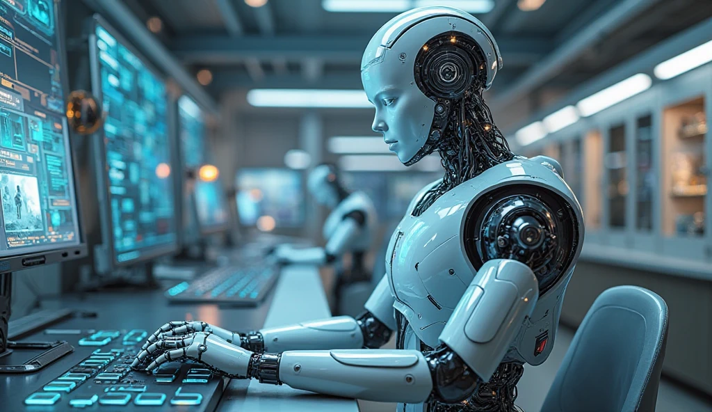 Generate a highly detailed and realistic photo of a humanoid robot working at an office desk with a laptop. The robot should have a sleek, modern design with human-like features, including articulated limbs and a friendly, expressive face. It is seated at a contemporary office desk, typing on a laptop with a sophisticated interface displayed on the screen. The desk is organized with office supplies such as a notepad, pen, coffee mug, and a few documents. The background features a modern office setting with large windows letting in natural light, ergonomic furniture, and a few potted plants. The overall atmosphere is professional and productive, highlighting the seamless integration of advanced robotics into a typical office environment. This photo should be hyper-realistic, showcasing the potential of humid robots in the workplace.