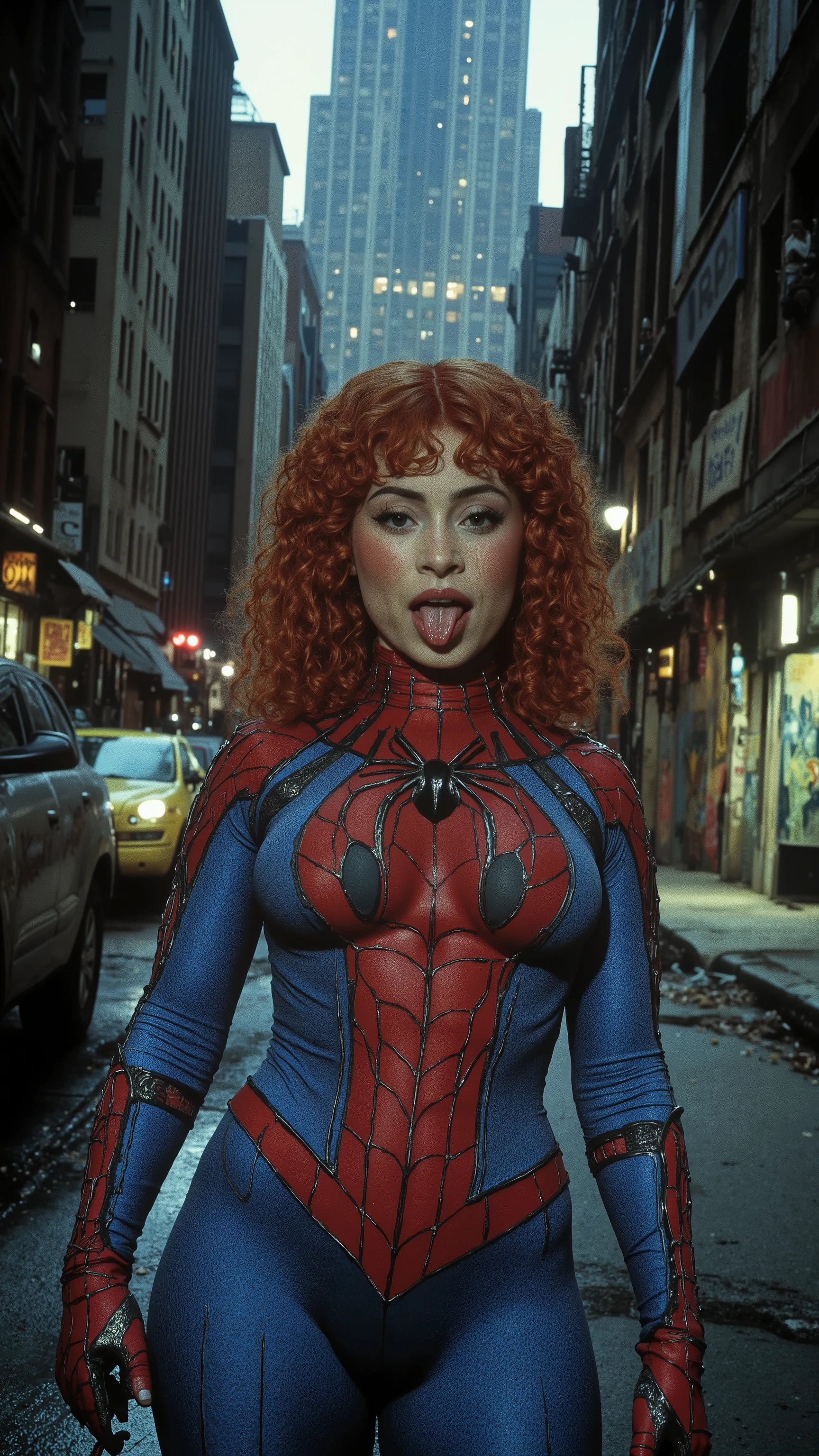 A cinematic close-up scene from a Spider-Man film, showing a superhero portrayed by Ice Spice. She is wearing a classic Spider-Man suit with a sleek, tight-fitting red and blue design, black webbing, and a bold spider logo on her chest. The suit is glossy, reflecting the light in places, while her hair is styled in a unique, voluminous, and curly look with some strands hanging loose. Ice Spice is sticking out her tongue playfully, with her face partially visible under a classic Spider-Man mask that doesn’t fully obscure her features, allowing her expression to shine through.
She adopts a confident and playful posture, standing in a dynamic, ready-to-pounce stance, as if preparing to swing into action. Her expression conveys a mix of bold confidence and mischievousness. The character is in a dark, gritty urban environment—high-rise buildings loom above with graffiti and flickering lights in the distance. The lighting is cinematic and HDR, with high contrast, and a DVD screengrab effect reminiscent of 1980s cinema, giving a grainy yet vivid look.
The background features towering buildings with dimly lit windows, casting long shadows on the street below, while the ground is paved with wet, reflective asphalt. The walls of nearby buildings are cracked and covered in old posters and graffiti, giving the city a decaying, urban feel.
Spider-Man, dark fantasy, cinematic, retro-futuristic, realistic.
