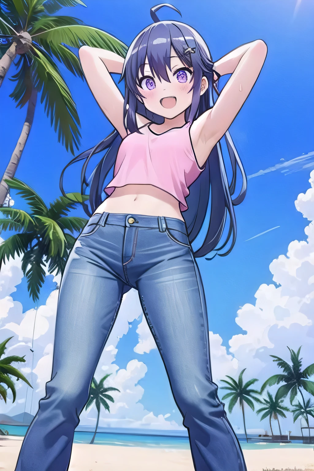 masterpiece, best quality, ultra detail, ((Perfect Face, perfect eyes, perfect hair, perfect arm)), 1girl, , peti ((round face, ecstasy, orgasm face, drooping eyes, shame smiling, blush)), dropping eyes, sleepy, Open mouth, ((White teeth)), background((under the beach, (day:1.2), palm tree, bright sky)), miku hatsune, ahoge, (purple eyes:1.2), (dark blue hair:1.4), crossed bangs, hair between eyes, hair ornament, (long hair:1.4), (straight hair:1.7), ((arms behind head, hands behind head, fingers behind head)), ((contrapposto)), spread armpits, looking at viewer, (pink tank top:1.2), (pink crop top:1.2), (jeans pants:1.2, flares jeans:1.2, skinny jeans:1.2, blue jeans:1.2), standing, (legs spread:1.4), sex pose, Sweaty crotch, Steam from the crotch, from below, whole body