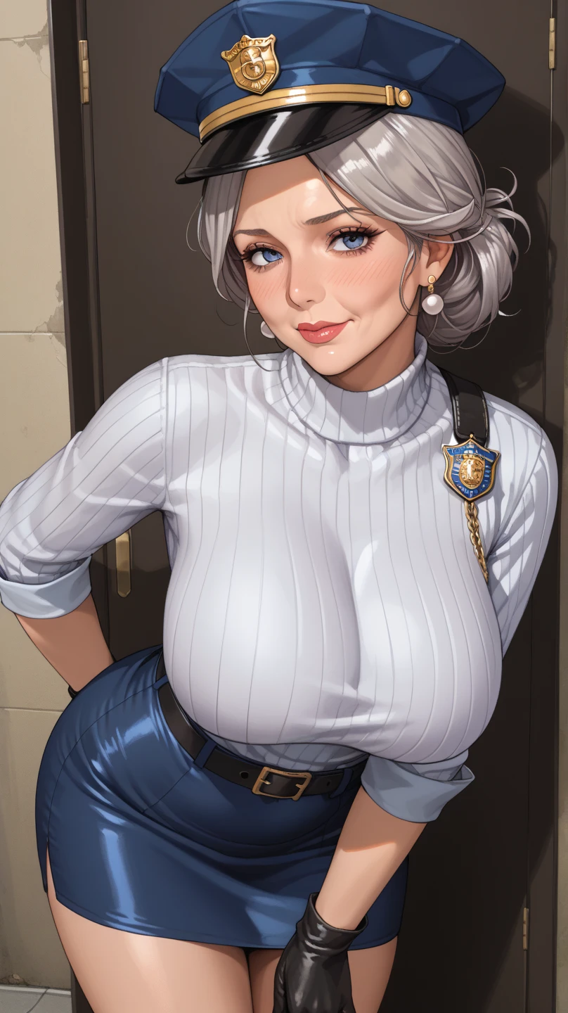Hot sexy beautiful one women military officer commanding soldier on battlefield, long silver chandelier earrings,big breasts, ,grey hair , hair bun,blush,blue eyes, smiling,red lipstick, military sergeant uniform