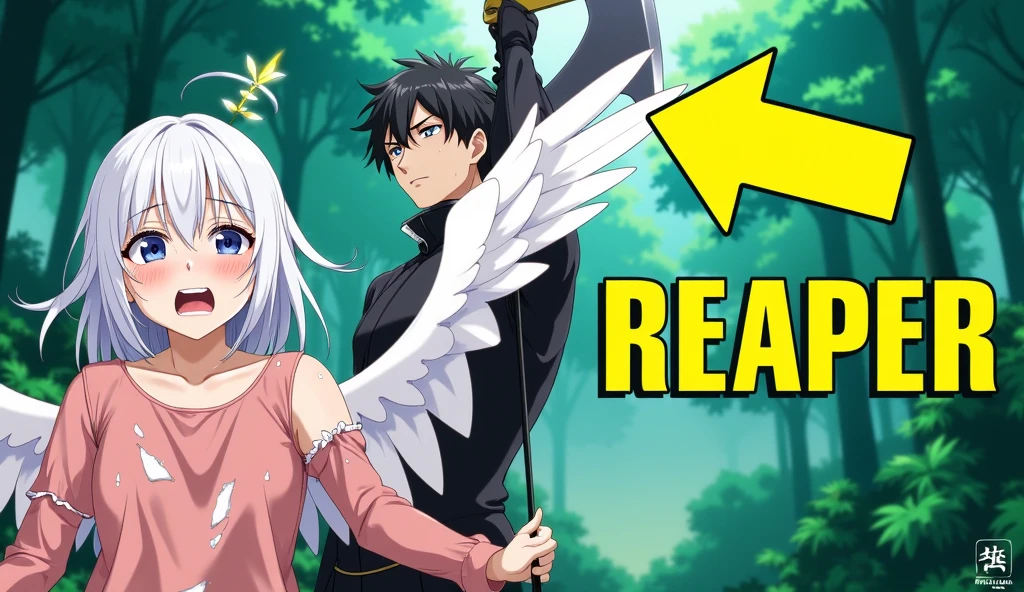anime style, a grim young warrior with black hair and a cold gaze raises a massive scythe over a winged girl with white hair. Her face expresses fear and despair, tears flow down his cheeks , and white feathers fly through the air. She is dressed in torn light clothes, which emphasizes her angelic nature. The background is a dense forest with sunbeams, making their way through the leaves. In the corner of the image in bold yellow letters is text "REAPER", and a large arrow points to the warrior, creating a sense of tense confrontation.  dynamic lighting,  expressive emotions , Detailed animation style.