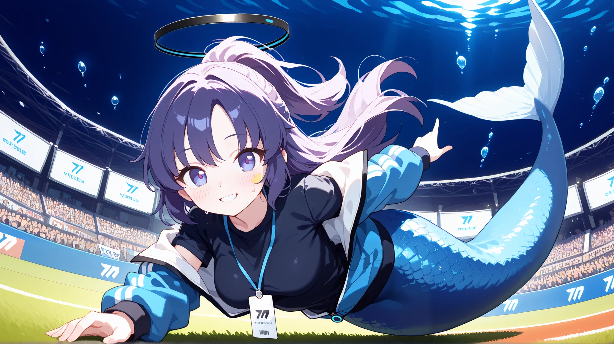 1 girl, ((blue mermaid, blue scales)), 8K, best quality, (happy, smile, looking at viewer), swimming, idol pose, dynamic pose, sport track, underwater, bubbles, fish, sport competition, crowd, stage light, (yuuka-default, yuuka (blue archive), purple eyes, purple hair, long hair, ponytail, halo, id card, blue jacket, (track jacket:1.2), open jacket, black shirt), (clear face, sweat, sweatdrop, full face blush, twinkles in her eye, bright pupils))
high detail background, masterpiece, absurdres, very aesthetic, dynamic angle, night, bokeh effects, dynamic pose, dynamic angle, hdr, low contrast, (pastel colors)
masterpiece, best quality, absurdres, masterpiece, highres, perfect anatomy, anime style, anime screenshot, 8k wallpaper, ultra high quality, (extremely detailed cg), perfect lighting, (sharp image), dynamic angle,