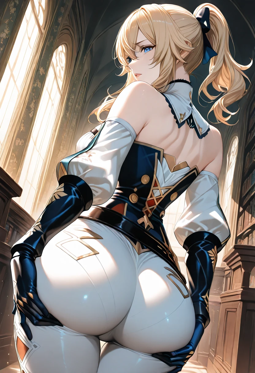 Super detailed、highest quality、Best image quality、masterpiece、8K、Anime Face、A kind smile、Open Mouth、Sparkling Blue Eyes、(Long blonde curly hair:1.4)、Wearing a maid headband、(SFW huge body)、(((Rear view)))、Cowboy Shot、(Wearing a white thong:1.5)、Muscles of the whole body、Hands on hips、Stick your ass out
