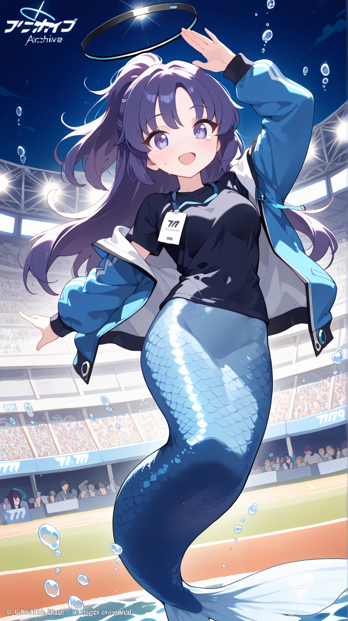1 girl, ((blue mermaid, blue scales)), 8K, best quality, (happy, open mouth, looking at viewer), swimming, arm up, floating, dynamic pose, sport track, underwater, bubbles, fish, sport competition, crowd, stage light, (yuuka-default, yuuka (blue archive), purple eyes, purple hair, long hair, ponytail, halo, id card, blue jacket, (track jacket:1.2), open jacket, black shirt), (clear face, sweat, sweatdrop, full face blush, twinkles in her eye, bright pupils))
high detail background, masterpiece, absurdres, very aesthetic, dynamic angle, night, bokeh effects, dynamic pose, dynamic angle, hdr, low contrast, (pastel colors)
masterpiece, best quality, absurdres, masterpiece, highres, perfect anatomy, anime style, anime screenshot, 8k wallpaper, ultra high quality, (extremely detailed cg), perfect lighting, (sharp image), dynamic angle, out of frame