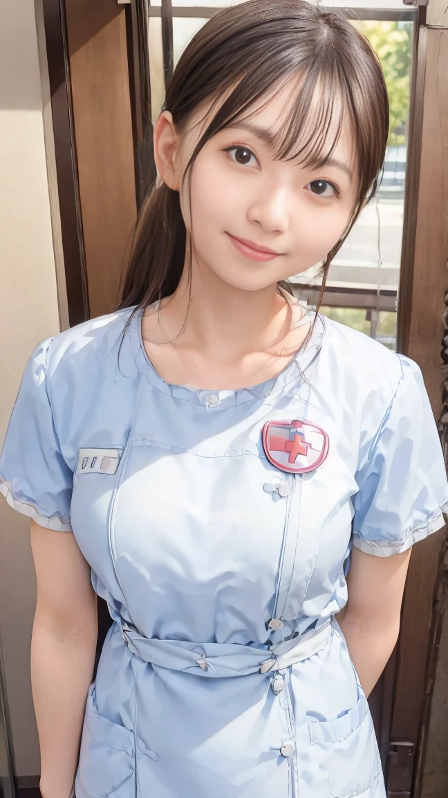 (8k、Raw photography、highest quality、masterpiece:1.2),(Black Hair、Dark Eyes:1.9),(:1.3)、View your viewers,Viewed from the front,White skin,(Nurse uniform:1.6)、(Tight waist:1.6)、(Clothes that accentuate the shape of the breasts:1.0)、(Big Breasts :1.3)、Slim figure、Ultra-high resolution,beautiful,beautiful fece,(one person、No background:1.9),whole bodyボディー,Japanese women,(reality的:1.37)、Photon Mapping,reality、(Baby-faced and cute: 1.4)、(Cute Smile: 1.8)、(Round face: 1.8)、Radio City、Physically Based Rendering、Depth of field rally background、photograph, (I can see your knees、Thigh close-up:1.8),(:1.6),whole body、Great quality