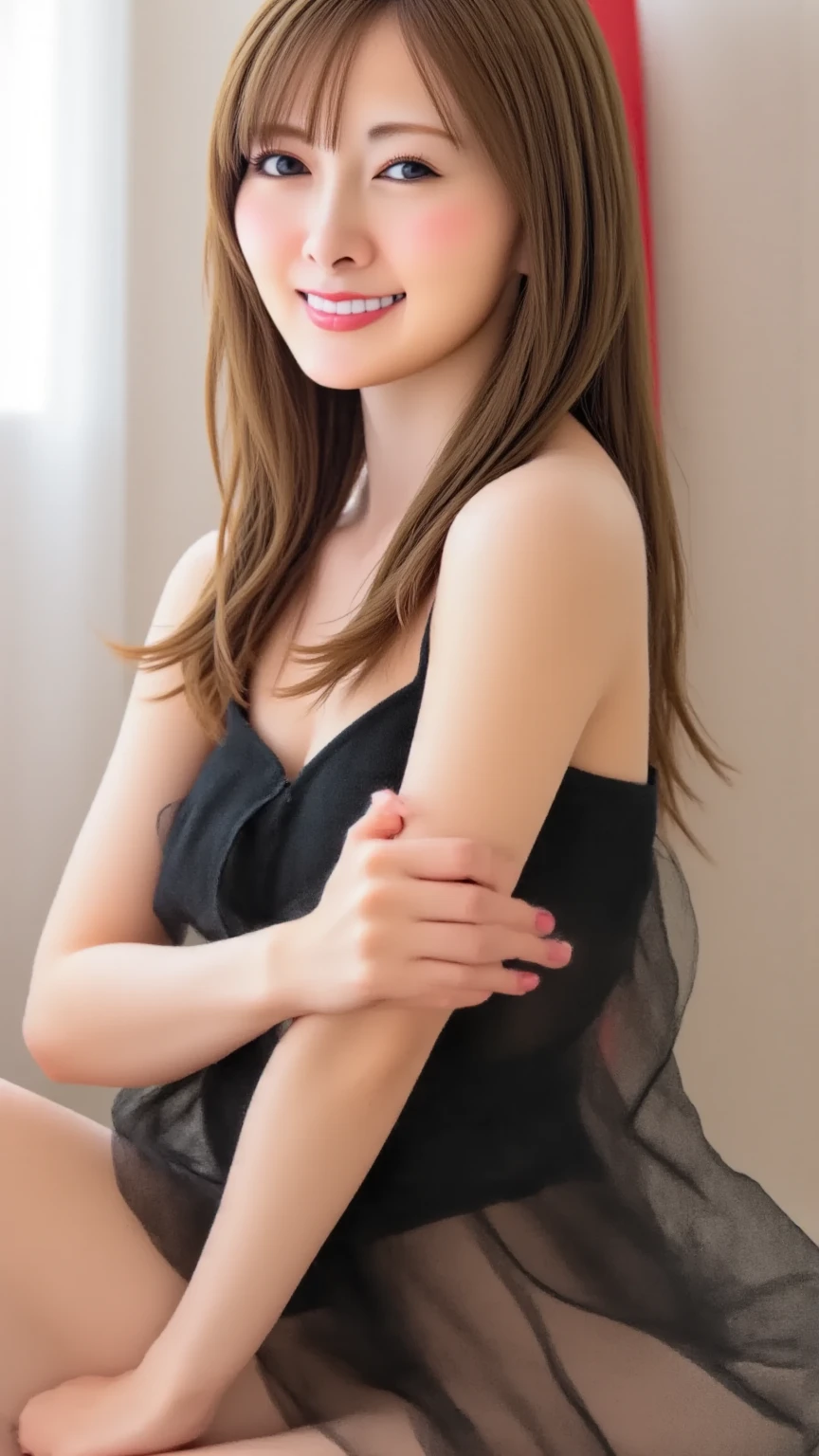 (((highest quality,Very detailed,masterpiece,Very detailed))) ,(((Bend your knees))),Loose breasts,See-through,camisole,one piece,barefoot,One Girl,Realistic,Lying down,Bedroom、Looks sleepy