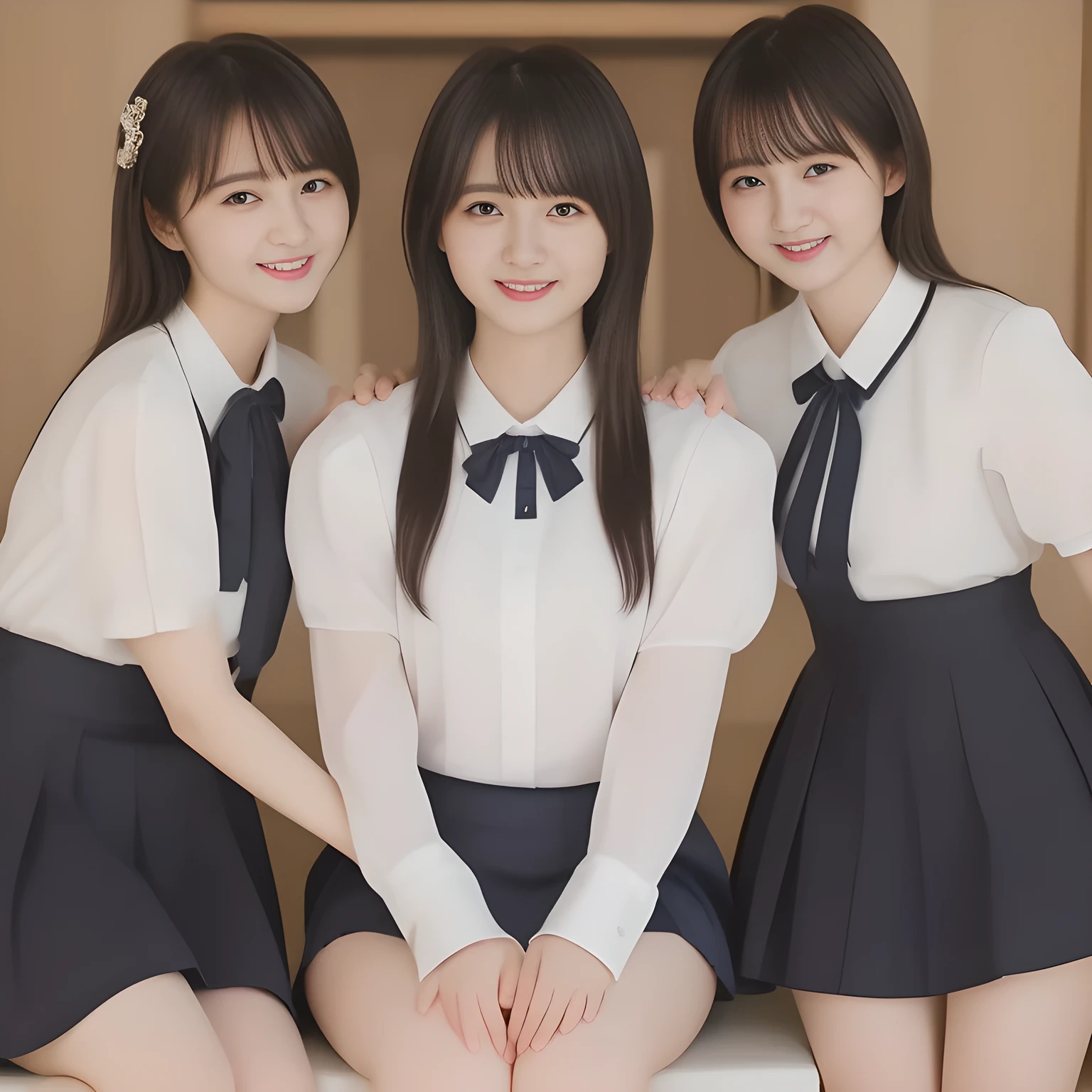 (masterpiece, best quality:1.2), High resolution, 1080P, 8K, 1girl, solo, (((Too beautiful three zinomy rich girls)) are seated on the viewer's leg and caressing the viewer together. Beautiful face. All the girls are noble, neat, intelligent and beautiful slender, maximum laughter of happiness, neat seducing uniform and skirt: 1.8), (Incredibly well organized pure white face, Glossy lips, Very long black beautiful straight hair like a hair model, Pure and clear wet eyes, (((Noble and neat and noble))) Japanese school uniform, (white cute school ribbon bow-tie), girly & fluttering ((frilled gorgeous expensive white school blouse)), puffed sleeves, (white cutest well-pleated noble (ivory skirt)): 1.9) ,(beautiful legs, white socks and school loafers), (Using expensive face-whitening cosmetics to make her skin more beautiful and pure by professional makeup artist: 1.0), (The 3 neat beautiful girls know well about the viewer's super fetishism for school uniforms, and satisfies it completely with skirt: 1.0), (well detailed face and seducing eyes: 1.8), (All the girls are giving the the (single alto recorder) extreme happiness of beautiful hands and skirt: 1.5), (Caress and Beautiful hands the viewer's legs together with Beautiful hands: 2)