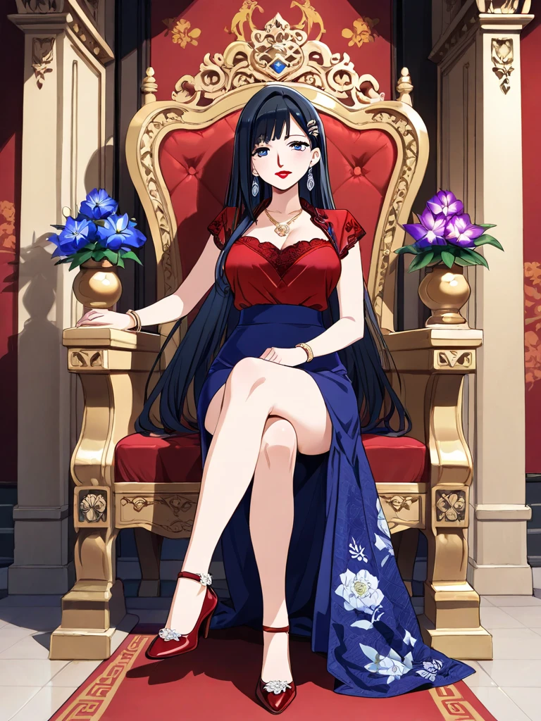 A very beautiful queen with a voluptuous body sitting doing a sexy pose on a golden throne with many jewels embedded, (Alone), very beautiful and detailed face, erotic body, a tight-fitting red dress, pink eyes, Jet black hair, very long hair, naughty face, cowboy shot, anime style, Masterpiece, The background is the throne room of a European royal castle, The best quality, highly detailed, UHD, 8k, vivid colors