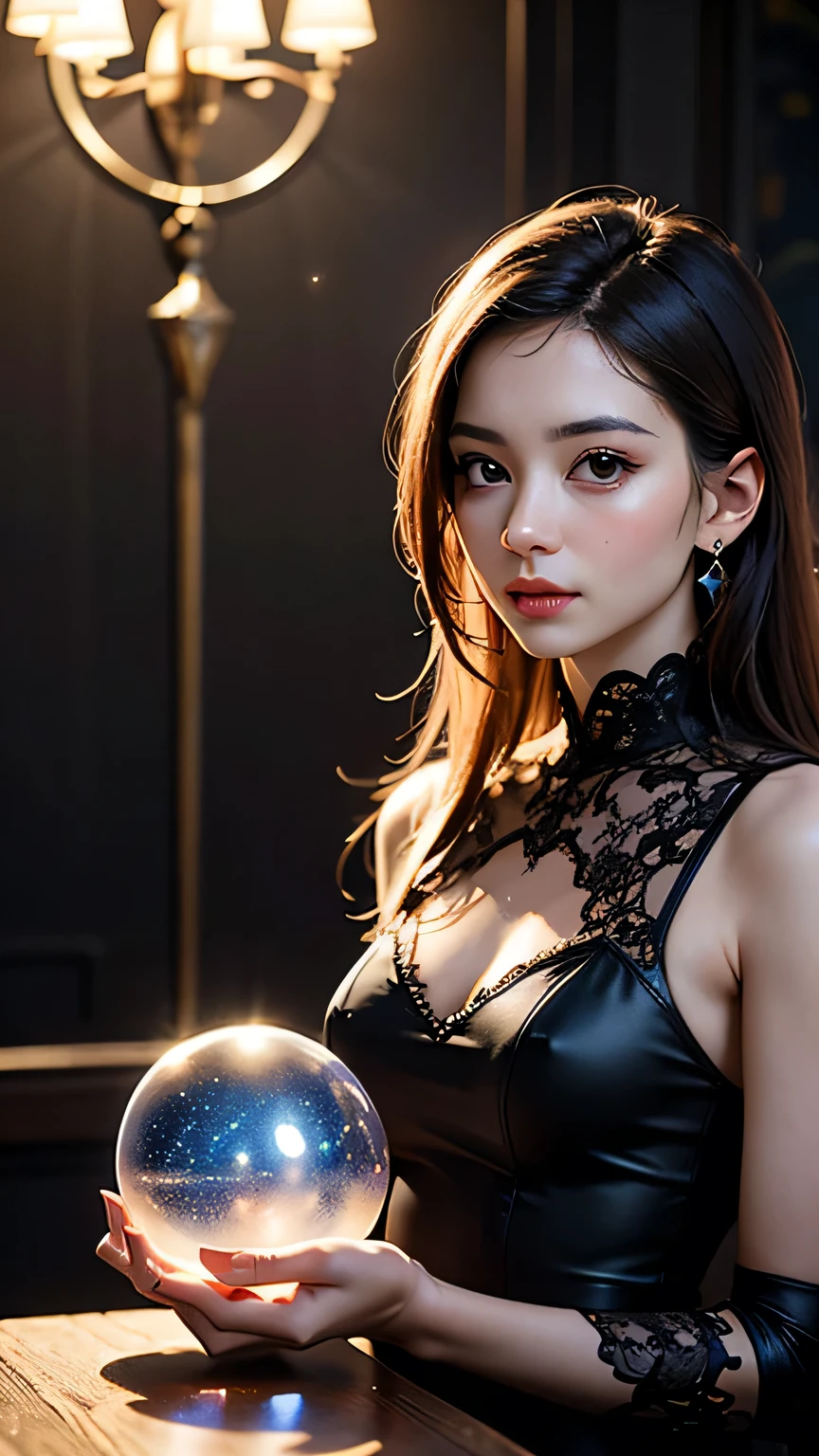 ((Highest quality、masterpiece、8K))、Anatomically correct、Very detailed、High resolution、Realistic、Beautiful white skin、((Beautiful, starry, almond-shaped, detailed eyes))、Well-formed nose bridge、Intricate details、Cinematic lighting、((Sit on a chair))、((Dark room without light))、(((The desk in front of me)))(((A large crystal ball on a desk)))(((Cover the crystal ball with both hands)))、(((A beautiful black dress that covers the neck)))、(((Panic face)))