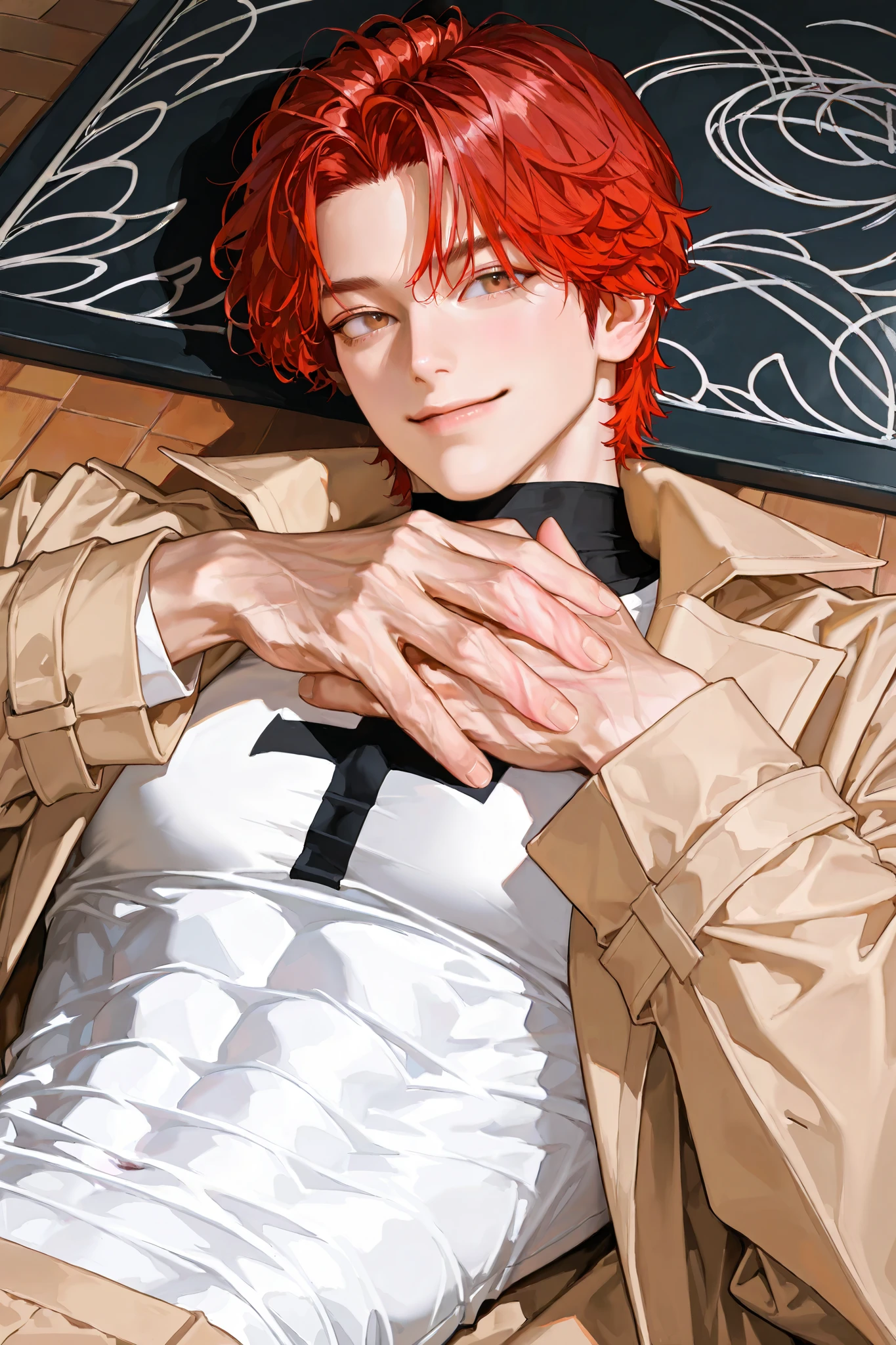 middle-aged male, handsome, lying, matted hair, A man , short hair, Male-centered, handsome man , Korean cartoon style ,, Expressive brushstrokes , vivid brushstrokes , realistic skin, realistic hair , realistic details , photorealistic , natural curly hair, red hair tied, Muscular, near , heavy body, big hands, Sharp impression, handsome, What's happening, smile, Hand holding a bright book, black neck polar tee, light brown coat, academy, class, blackboard