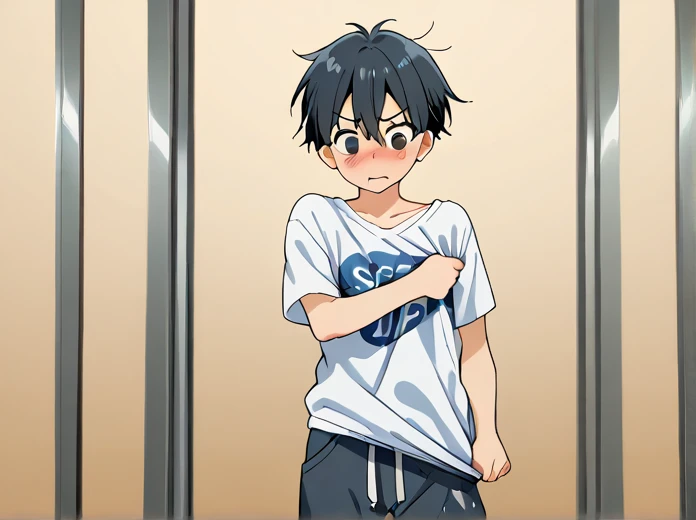 Shota, Young man,underwear, clock,(Show your armpits:1.4), shirt, Bare Chest, Standing on the toilet,sweating, masterpiece,Advanced Details, T-back panties, Best Quality, Ultra HD