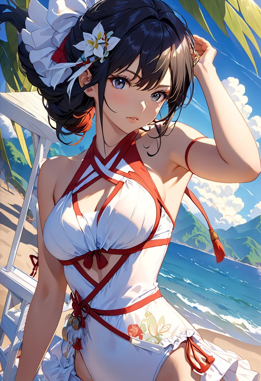 (pov kimono style swimsuit) (beautiful body), (solo:2, 15 yo, blunt bangs:1.3 black hair long hair sexy shrine girl, sexy closed eyes, happy smile, medium tits), (in a japanese modern:1.3 shrine:1.2 beautiful one piece swimsuit, wabisabi:1.3, white and red), break, in the sunshine beach, background Double Exposure beautiful ocean, BREAK, perfect anatomy, masterpiece, best quality, 16k, beautiful detailed love, sexy, daydreaming expression.