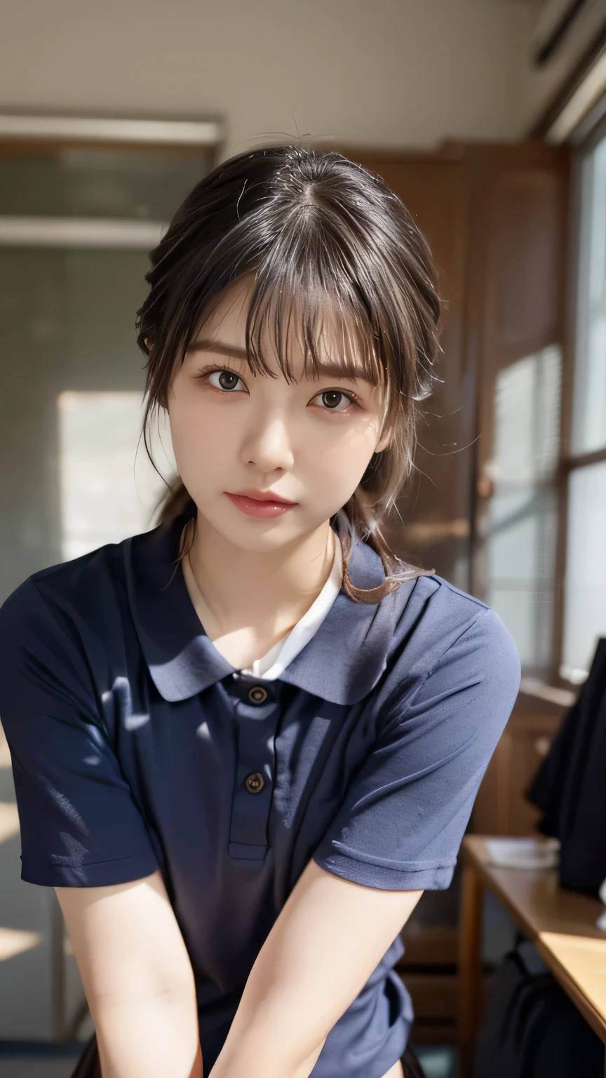 one girl、beautifully detailed eyes and faces、slender,HIGH SCHOOL GIRLS、chest visible、simple background、nipples、bangs、uniform、guys looking at girls、nude、medium hair、embarrassed faces,lace panties、classroom