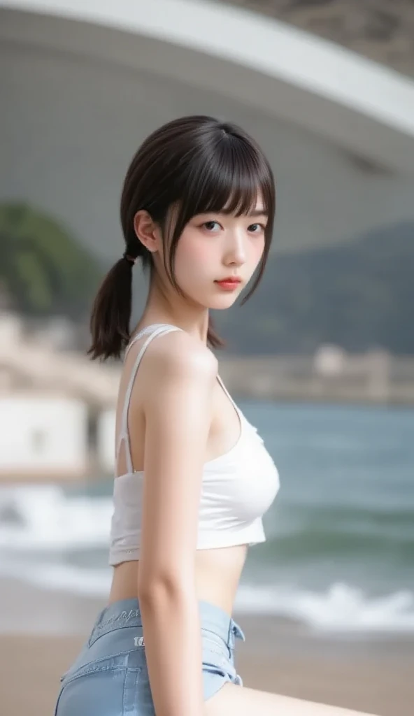 08 (8K, top-quality, masutepiece:1,2), (reallistic, Photorealsitic:1.37), Super Detail, One girl,), (Highly detailed), (beautifully detailed eyes), (of the highest quality), (super detailed ), (masutepiece), (Detailed face),20yr old, ,1 girl, black hair,Very short hair, medium breasts, upper body, looking at viewer, beach, sunset, seductive smile, office lady, shorts, stand,