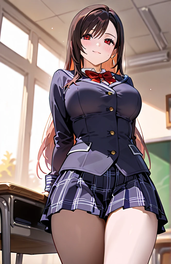 (((Spread your legs)))、Uniform Blazer、Beautiful beauty、Long red hair、((whole body))、(((Photo taken from below)))、school gate、Big Breastini skirt、panties are purple lace、Japanese、tall、Twin tail hairstyle