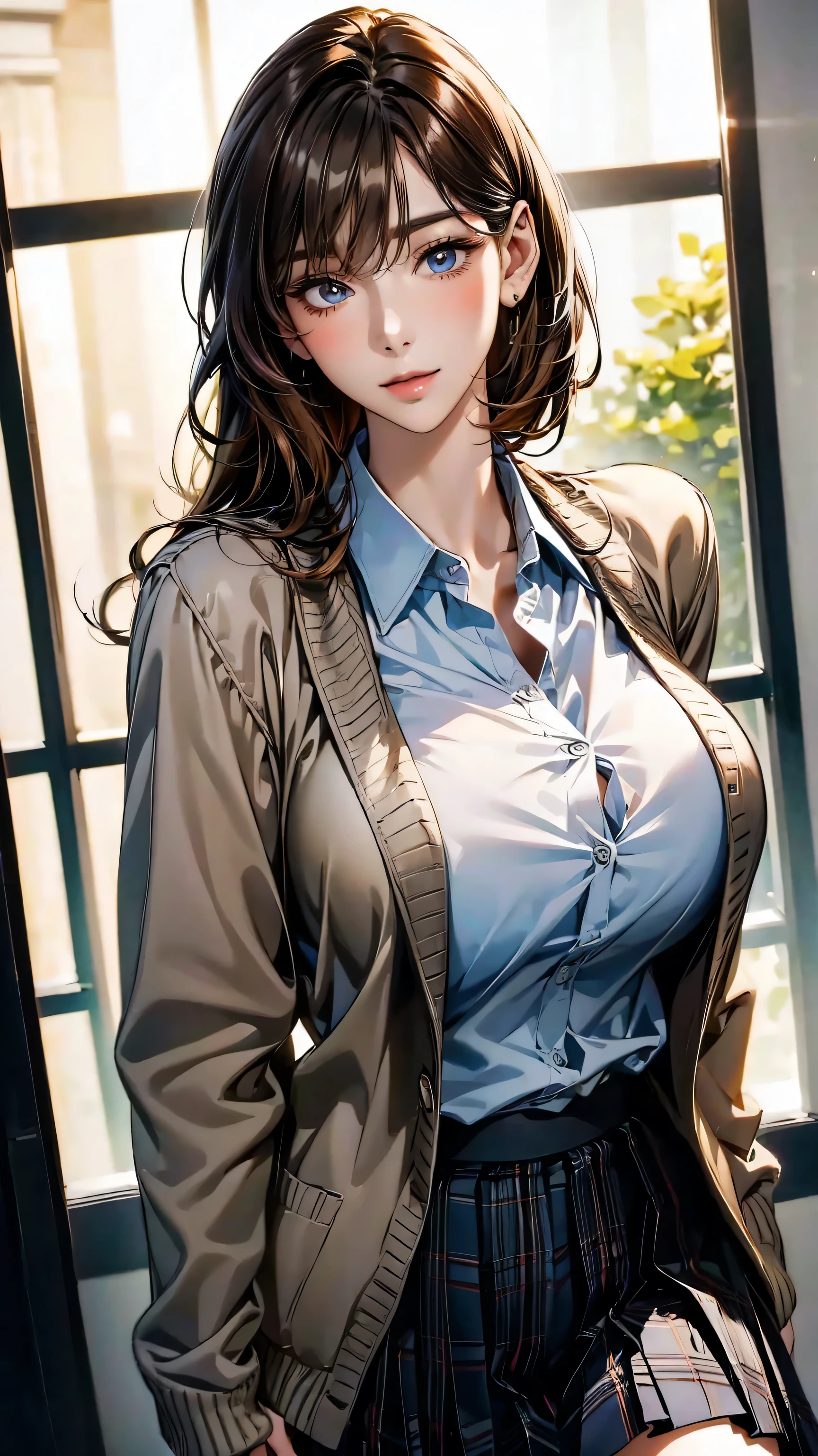 (masterpiece:1.2, top-quality), (realistic, photorealistic:1.4), beautiful illustration, (natural side lighting, movie lighting), , 
looking at viewer, 1 girl, japanese, Secretary, perfect face, cute and symmetrical face, shiny skin, round face, (suntan, tanline), 
(medium hair, braid hair:1.3, blonde hair, blunt bangs:1.2), red eyes, (drooping eyes), long eye lasher, pink lip, (large breasts:0.6, thick thighs), 
beautiful hair, beautiful face, beautiful detailed eyes, beautiful clavicle, beautiful body, beautiful chest, beautiful thigh, beautiful legs, beautiful fingers, 
((gray cardigan:1.4), pink tank dress, (zettai ryouiki), [cleavage cutout]), piercing, necklace, 
(beautiful scenery), morning, sunlight, back lighting, (Desk ), wariza, spread legs:1.8, (seductive smile), 