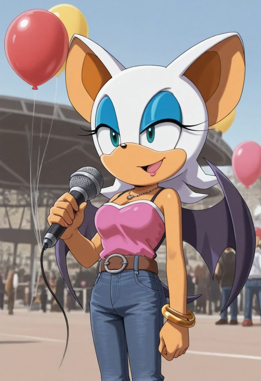 <lyco:MegaMilkV1-20:1.0>, poseMega, 1girl, breasts, super crown, collar, spiked collar, spiked bracelet, spikes, horns, large breasts, bracelet, crown, ponytail, long hair, smile, jewelry, teeth, nail polish, grin, black_dress, leaning_forward, microphone, holding microphone, singing, stage, neon lights, best quality, masterpiece, highres, red eyes, Rouge the bat, bat ears, bat wings, white hair, blue eyeshadow