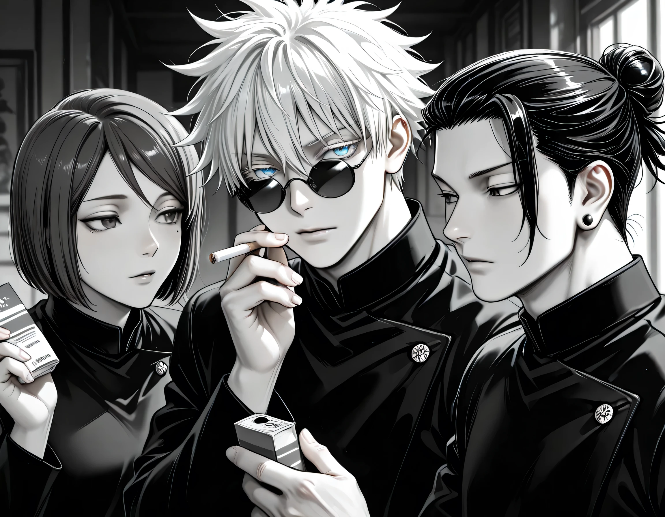  ,Three people ,
gojou satoru, colored eyelashes, blue eyes, jujutsu tech uniform, long sleeves, round eyewear, hair between eyes, male focus, sunglasses, short hair, jacket, 
ieiri shoko, holding cigarette pack, mole under eye,
getou suguru , stud earrings, single hair bun, tsurime, hair pulled back, hair bun, jewelry, earrings, 
 score_9, score_8_up, score_7_up, source_anime, monochrome, manga style, greyscale