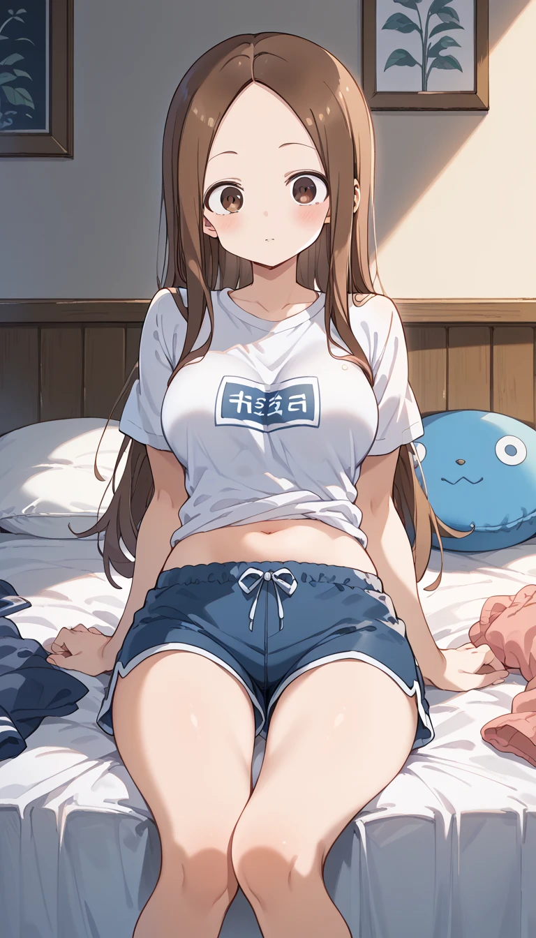 realistic image, detailed image, coherent image, 1 beautiful girl, she has very long hair, black hair, brown eyes, smiling expression. She is wearing a sports top, sweatshirt, showing her navel, thin thong, sports shorts, sneakers, She has a curvy body, medium breasts and thick thighs, She is sitting on her knees with her legs open, arching her back, doing the peace sign, inside a feminine room, next to a window showing the sunset, twilight, soft focus, full body view, dramatic shadows, volumetric lighting, natural lighting,