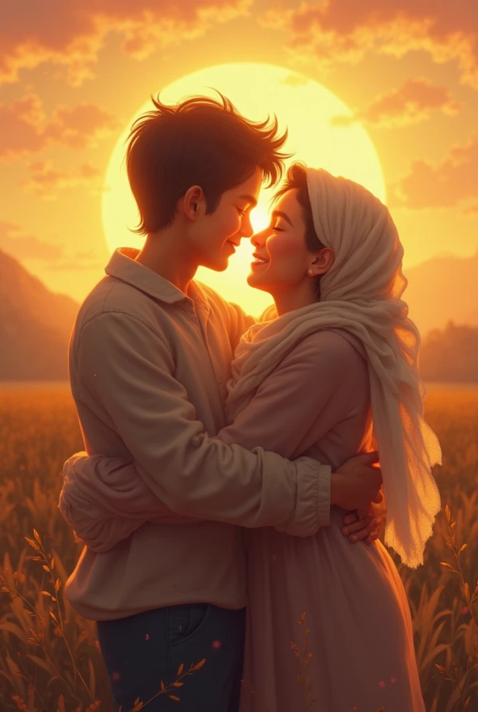 A woman in a pink hijab, a good figure wearing a bright white dress amidst the golden waves in the wheat yard. Hugged by an Asian man from behind, affectionate, smiling. The sunlight illuminates him in natural light. The photo was taken from a distance of approximately 5 meters, using a DSLR camera to capture every intricate detail of her enchanting appearance.