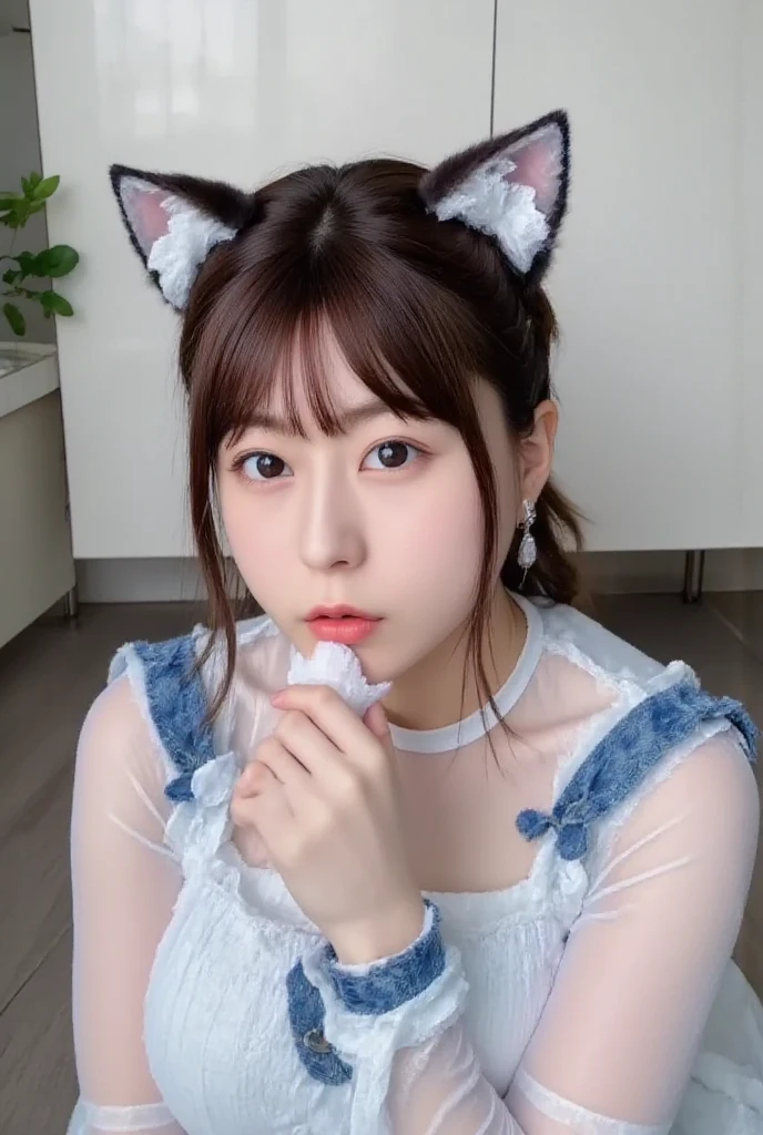 (((masterpiece))),(((High resolution)))、(((8K)))、((perfect face)))、((1girl, Animal_ear_fluff, Animal_ears, bangs, shoulders  bare, black hair, blush, breasts, bunny ears, closed mouth, eyebrows_visible_through_hair, blue eyes, gray background, hair_between_eyes, karyl_(princess_connect!), long hair, view_in_viewer, large breasts, multicolored hair,  shirt, simple_background, solo, upper body, white_background, white shirt, ,hands behind back, ( ((hands tied, shibari, bondage, rope))), ballgag,bondage (Shibari, hands tied  behind the back), (Shibari), BDSM,Bound, tied feet,ballgag