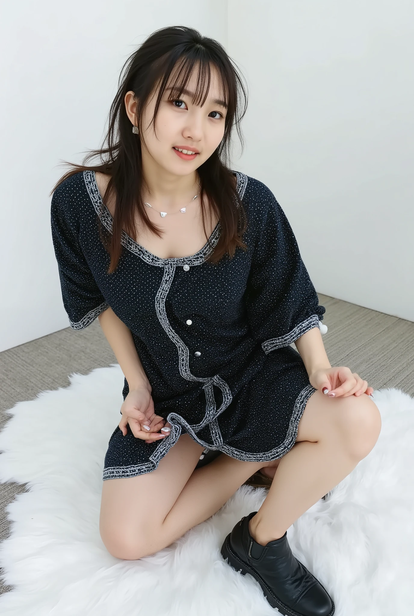 full body shot from the front、 off shoulder mini one-piece pajamas please, Bend Your Knees, when you took them off, pose with legs crossed, and sit down staring at me, Slender Naked Legs 、smile、 has a monotone background