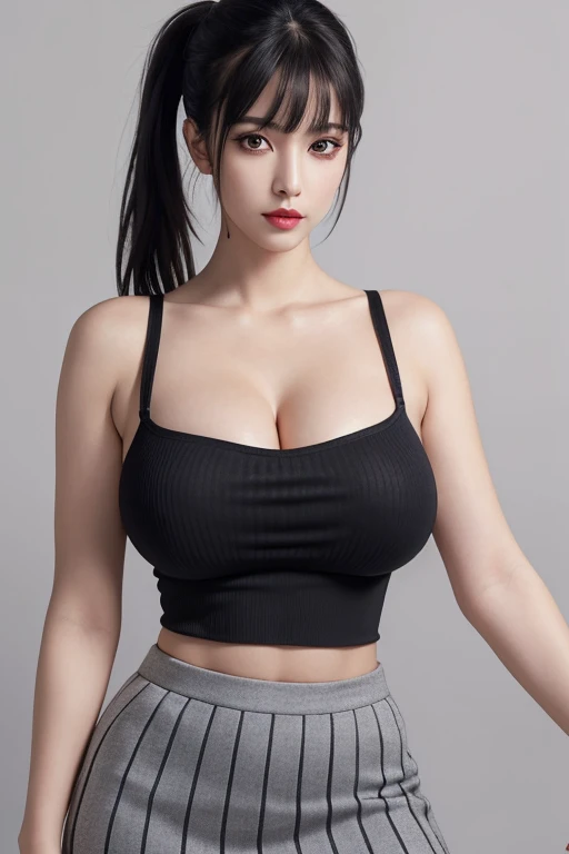 (ultra realistic,32k, masterpiece:1.2),(high detailed skin:1.1),( 8k uhd, dslr, high quality:1.1),
1girl, black hair, bangs andy ponytail, pantyhose, Ribbed Skirt,transparent ribbed crop top, , (red lips:0.8), (mascara:1.1),huge breast,
(looking at viewer, portrait:1.1),
,(tenebrism:1.1),blank background