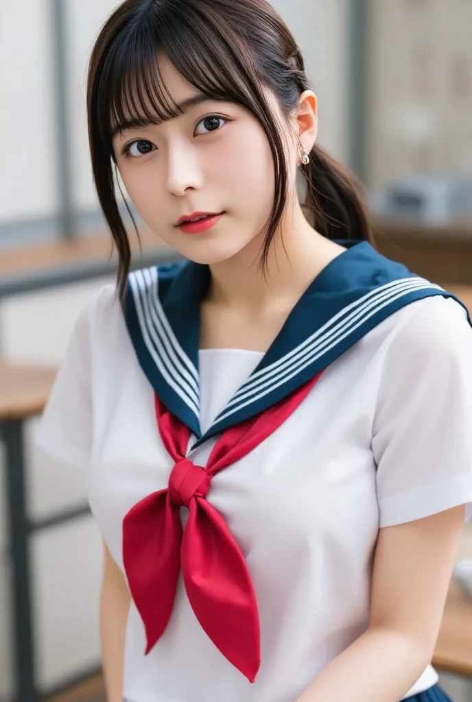 (masutepiece, Best Quality:1.2), 8K, Official art, Raw photo, unbelievable Ridiculous, (Upper body, (Sailor Uniform), serafuku, Sitting:1.4), Beautiful Girl, Idol face, arching back down, Pleated skirt, large full breasts:1.8, thighs thighs thighs thighs, Stockings、 close up, (School uniform, cleavage), Short sleeve, gardenia, violaceaess, classroom school, Looking at Viewer, No makeup, Film grain, chromatic abberation, Sharp Focus, face lights, Dynamic lighting, Cinematic lighting, Detailed face, Bokeh background, (Dark red bow tie:1.3)